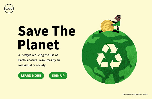 Characters Design Vector Art Illustration.
Slide or landing page layout.
In the concept of sustainable business, growing clean Eco Earth fund, and environmental protection, a businessman puts money into the planet earth with a recycling symbol.