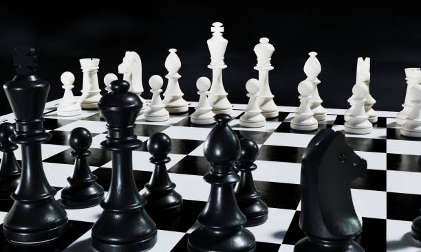 istock Black and white chess pieces on a chessboard background. Sport and leisure activity concept. 3D illustration rendering 1427415700