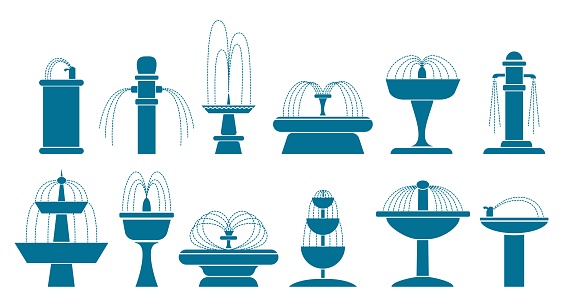 Fountain silhouettes. Vector fountains icons, garden with bowl drinking airport city water fireworks outdoor isolated signs