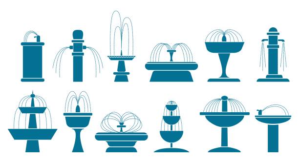 Fountain silhouette set Fountain silhouettes. Vector fountains icons, garden with bowl drinking airport city water fireworks outdoor isolated signs fountain stock illustrations