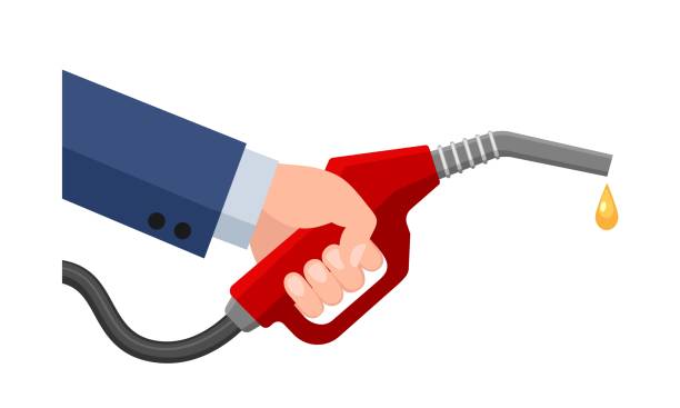 Hand with fuel nozzle Hand with fuel nozzle. Manual petrol pump gun, gas pumping tap with drop vector illustration, business gasoline fueling isolated on white background for petrole industry concepts gas pump hand stock illustrations