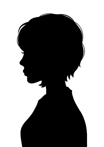 It is a silhouette of the upper body of a woman with short hair.