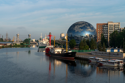 Kaliningrad Russia, 06.30.2022: View of the Museum of the World Ocean on the embankment of the Pregolya River on a sunny summer day