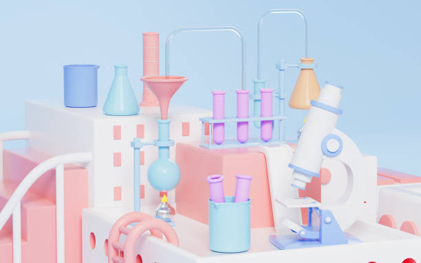 istock Microscope and other chemical experimental equipment on the stage, 3d rendering. 1427427038