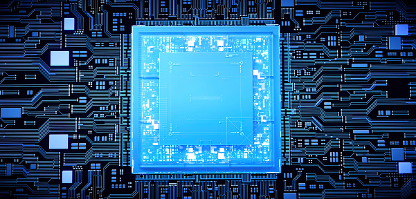 3D rendering of cyberpunk AI. Circuit board. Technology background. Central Computer Processors CPU and GPU concept. Motherboard digital chip. Tech science background.