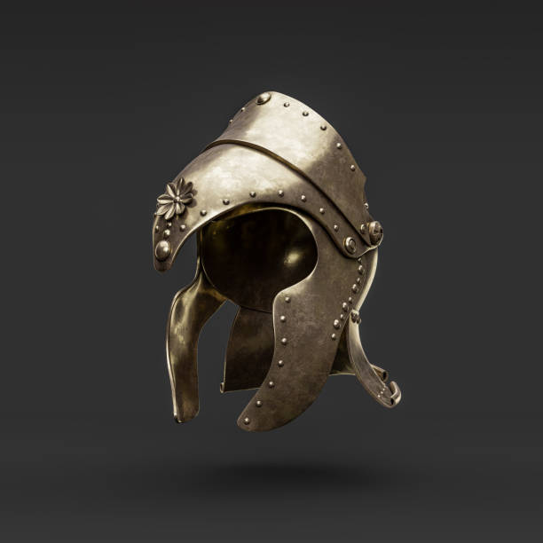 istock Old damaged brass helmet. Metallic warrior helm. Ancient metallic historical face mask armor. 3d rendering. Side view 1427433735