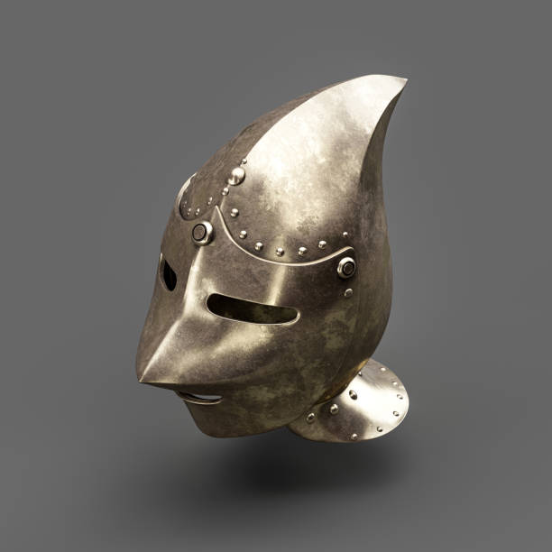 istock Old metallic ancient soldier helmet. Realistic used warrior shield helm. 3d rendering. Isometric view. 1427433820