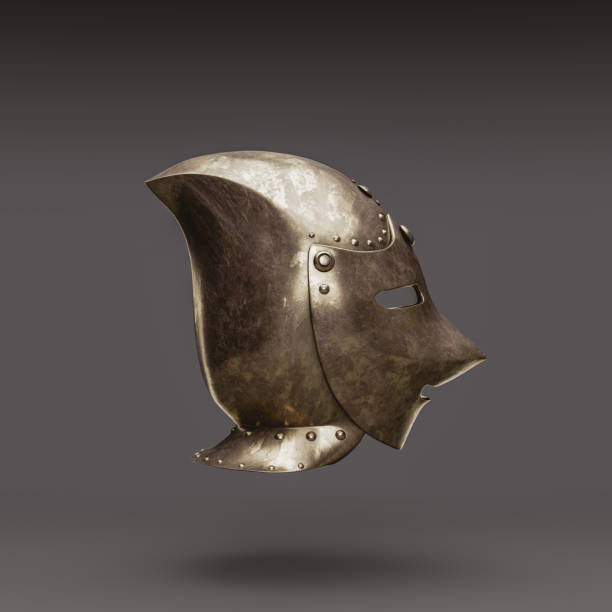 istock Single isolated medieval knight helmet. Old metallic ancient warrior helm, Brass face mask, 3d rendering, Left view projection. 1427433833