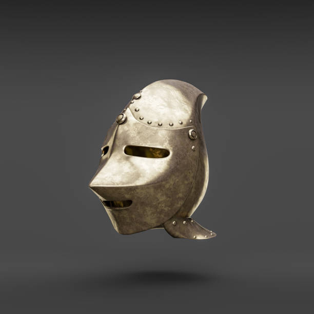 istock Old damaged brass helmet. Metallic warrior helm. Ancient metallic historical face mask armor. 3d rendering. Side view 1427433836
