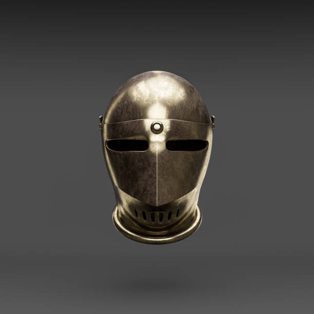 istock Metallic medieval knight helmet. Front view  crash helmet. Ancient warrior armor, 3d rendering 1427433855