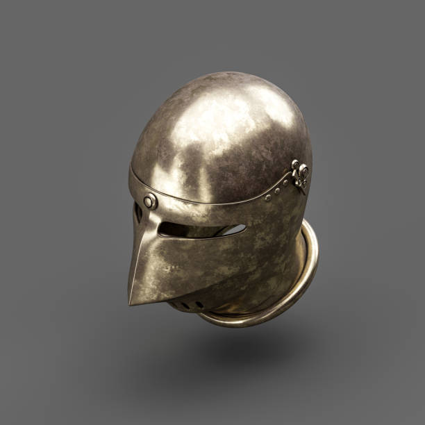 istock Old metallic ancient soldier helmet. Realistic used warrior shield helm. 3d rendering. Isometric view. 1427433875
