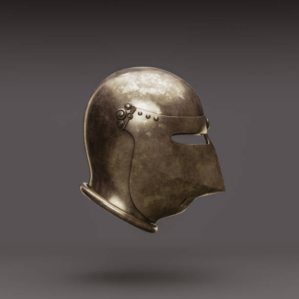istock Single isolated medieval knight helmet. Old metallic ancient warrior helm, Brass face mask, 3d rendering, Left view projection. 1427433889