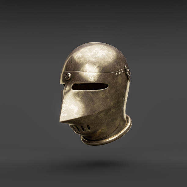 istock Old damaged brass helmet. Metallic warrior helm. Ancient metallic historical face mask armor. 3d rendering. Side view 1427433901