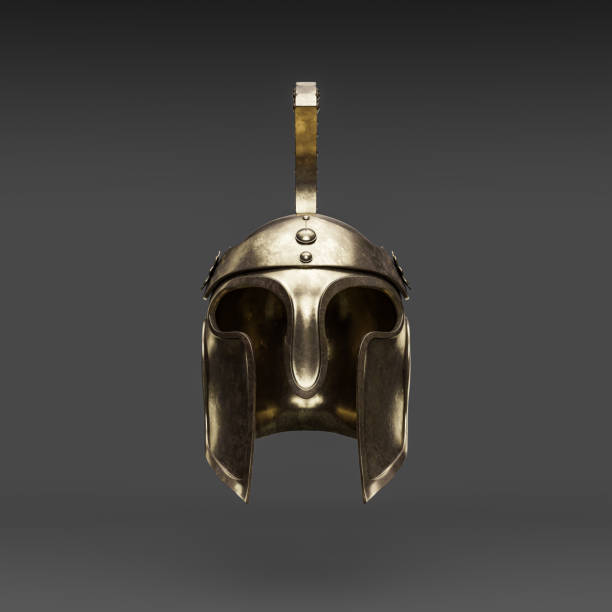 istock Metallic medieval knight helmet. Front view  crash helmet. Ancient warrior armor, 3d rendering 1427433921