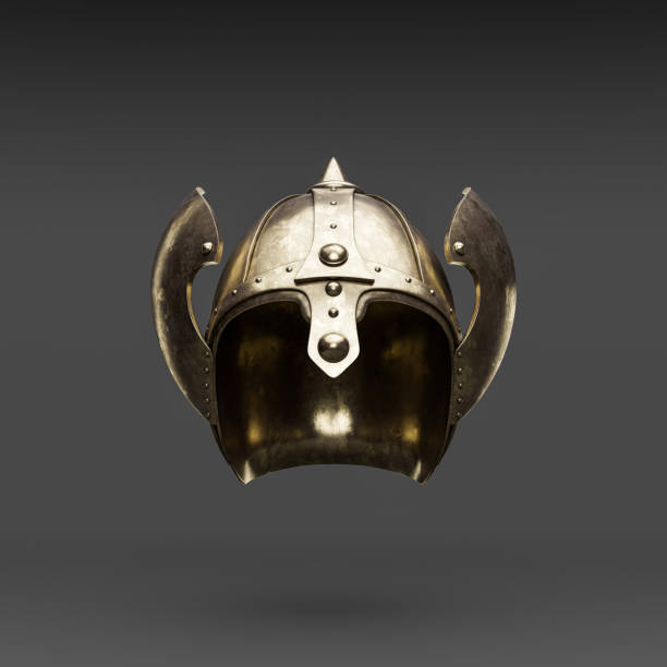 istock Metallic medieval knight helmet. Front view  crash helmet. Ancient warrior armor, 3d rendering 1427434534