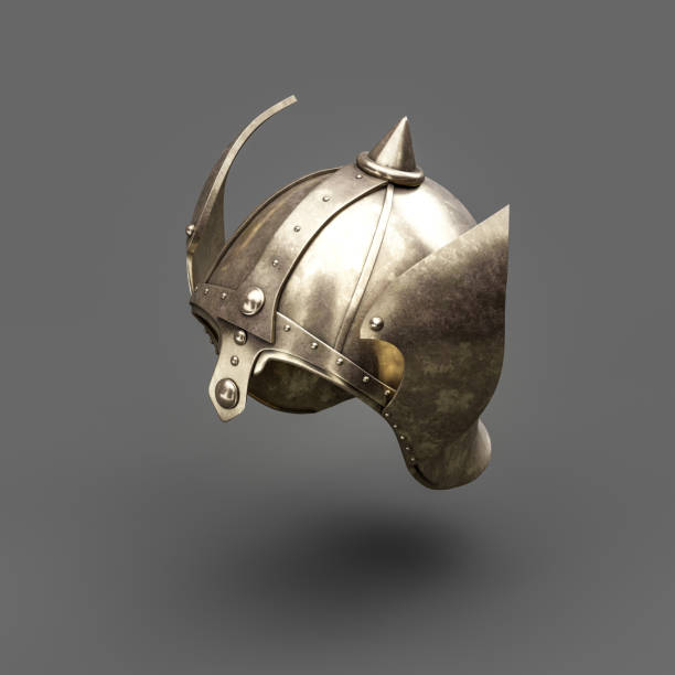 istock Old metallic ancient soldier helmet. Realistic used warrior shield helm. 3d rendering. Isometric view. 1427434562