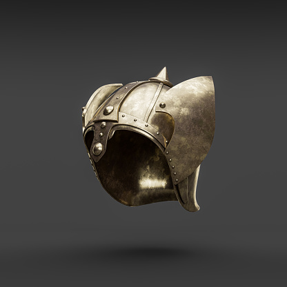 Old damaged brass helmet. Metallic warrior helm. Ancient metallic historical face mask armor. 3d rendering, nobody. Side view