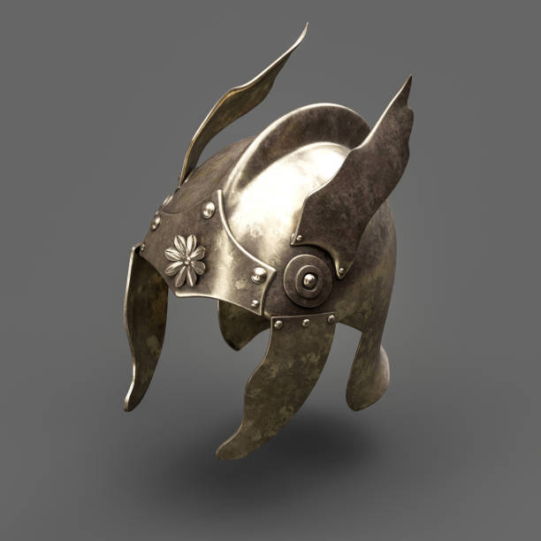 istock Old metallic ancient soldier helmet. Realistic used warrior shield helm. 3d rendering. Isometric view. 1427434627