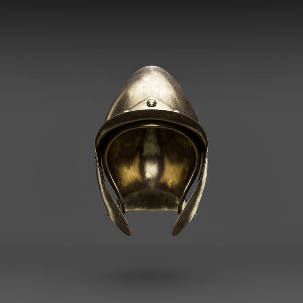 istock Metallic medieval knight helmet. Front view  crash helmet. Ancient warrior armor, 3d rendering 1427434758