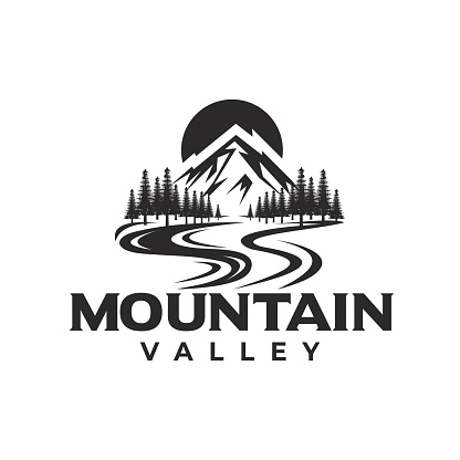Simple logo design mountain peaks and valleys, rivers, trees templates, mountain logo illustrations