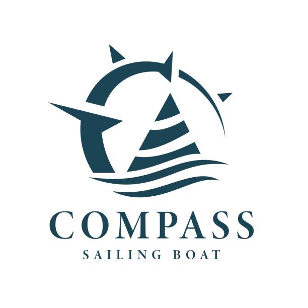 ilustrações de stock, clip art, desenhos animados e ícones de vector illustration of wavy sailboat logo design. abstract sailing ship compass design - naval ship