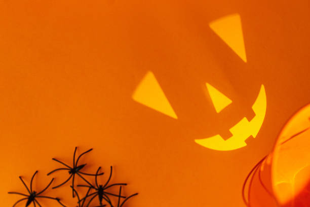Happy Halloween! Black spiders decorations with spooky jack o lantern face on orange background. Creative Halloween composition. Trick or treat! space for text