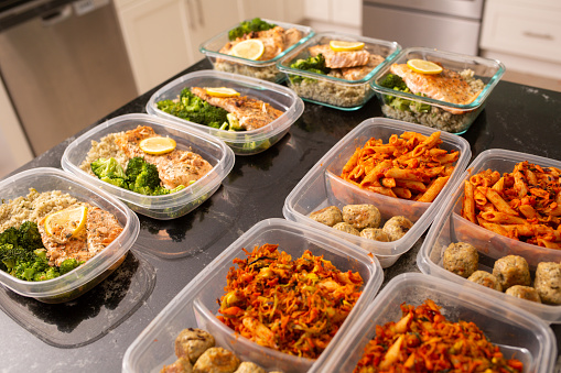 Salmon and Meat Balls Meal Prep in storage containers