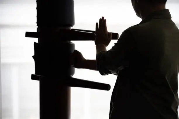 Photo of Silhouette of a fighter Wing Chun and wooden dummy on a background. Wing Chun Kung Fu Self defense