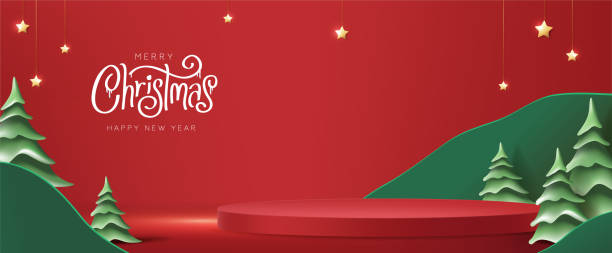 с рождеством баннер с отображением продукта цилиндрической формы и елочной бумаги в стиле вырезанной бумаги - sale holiday christmas ornament red stock illustrations