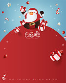 istock Santa Claus with a huge bag on the run to delivery christmas gifts at snow fall.Merry Christmas text Calligraphic Lettering Vector illustration. 1427449736