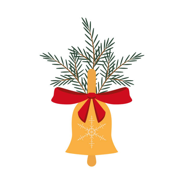 ilustrações de stock, clip art, desenhos animados e ícones de christmas bell with red bow and spruce branches - christmas decoration campanula decoration christmas