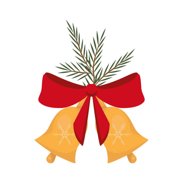 빨간 활과 가문비 나무 가지가있는 두 개의 크리스마스 종소리 - white background shiny holly winter stock illustrations