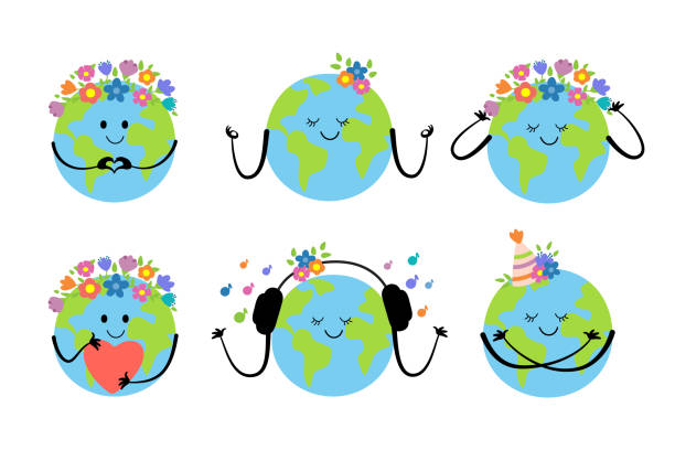 Earth planet character set collection. Earth planet character set collection.Vector flat style illustration icon design. Isolated on white background. Eco friendly,save ecology, sick, Earth day concept. flat thinking emoji stock illustrations