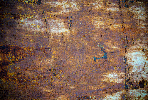 Old rusty metal sheet abstract background, rust on painted weathered steel sheet