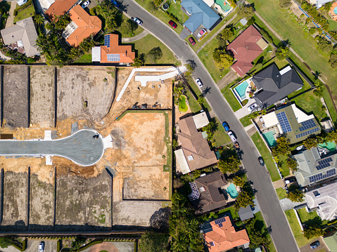 Top down view of housing development in typical Australian suburb