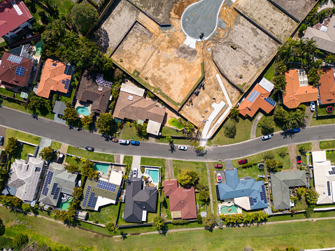 Top down view of housing development in typical Australian suburb
