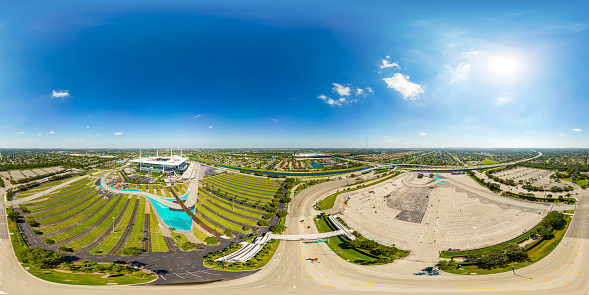 Miami, FL, USA - September 23, 2022: Aerial 360 vr spherical equirectangular photo of the Hard Rock Stadium