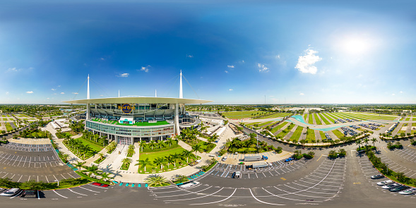 Miami, FL, USA - September 23, 2022: Aerial 360 vr spherical equirectangular photo of the Hard Rock Stadium