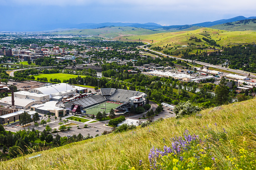 Missoula, Montana, United State, 2-July-2022, overview of Missoula downtown and University of Montana, from Mount Sentinel, Montana