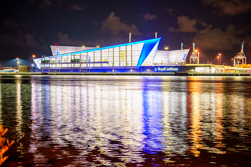 Miami, FL, USA - September 26, 2022: Night photo Royal Caribbean cruise terminal at Port Miami