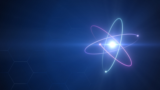 Núcleo atómico inestable con electrones girando a su alrededor fondo tecnológico photo