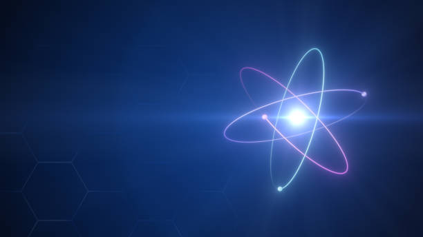 nucleo atomico instabile con elettroni che ruotano attorno ad esso sfondo tecnologico - atom foto e immagini stock