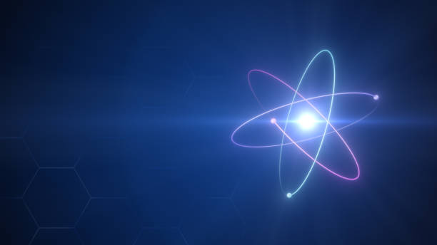 unstable atom nucleus with electrons spinning around it technology background - atom imagens e fotografias de stock
