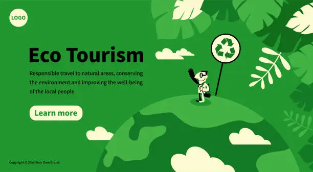 Vector illustration of Eco-Tourism concept, a tourist or hiker with a backpack standing on the planet earth