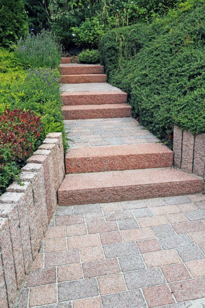 istock Neat and tidy front yard with solid block steps, decorative gravel and planting 1427465791