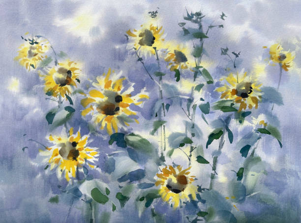 istock A bouquet of sunflowers on blue watercolor background 1427466335