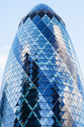 London, United Kingdom - April 25, 2019: Exterior of 30 St Mary Axe previously known as the Swiss Re Building and informally known as the Gherkin