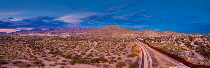 Panorama of Puerto de Anapra town at the border between USA and Mexico - drone view