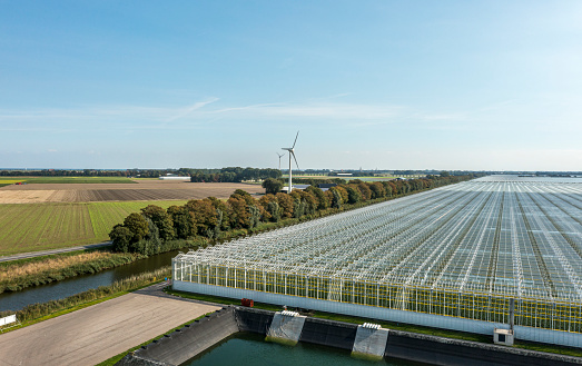 Dutch agriculture efficiency; very large Greenhouse. Drone shot.