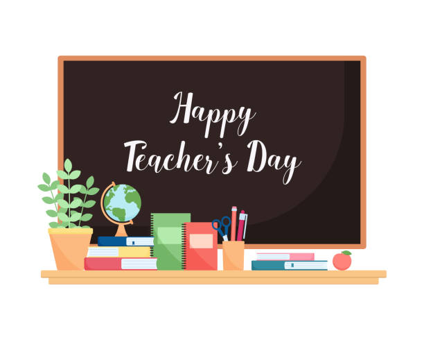 istock Happy Teacher's Day concept. Blackboard and school supplies. Cute vector illustration in flat cartoon style 1427477359
